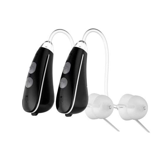 Black hearing aids with white attachments on a white background