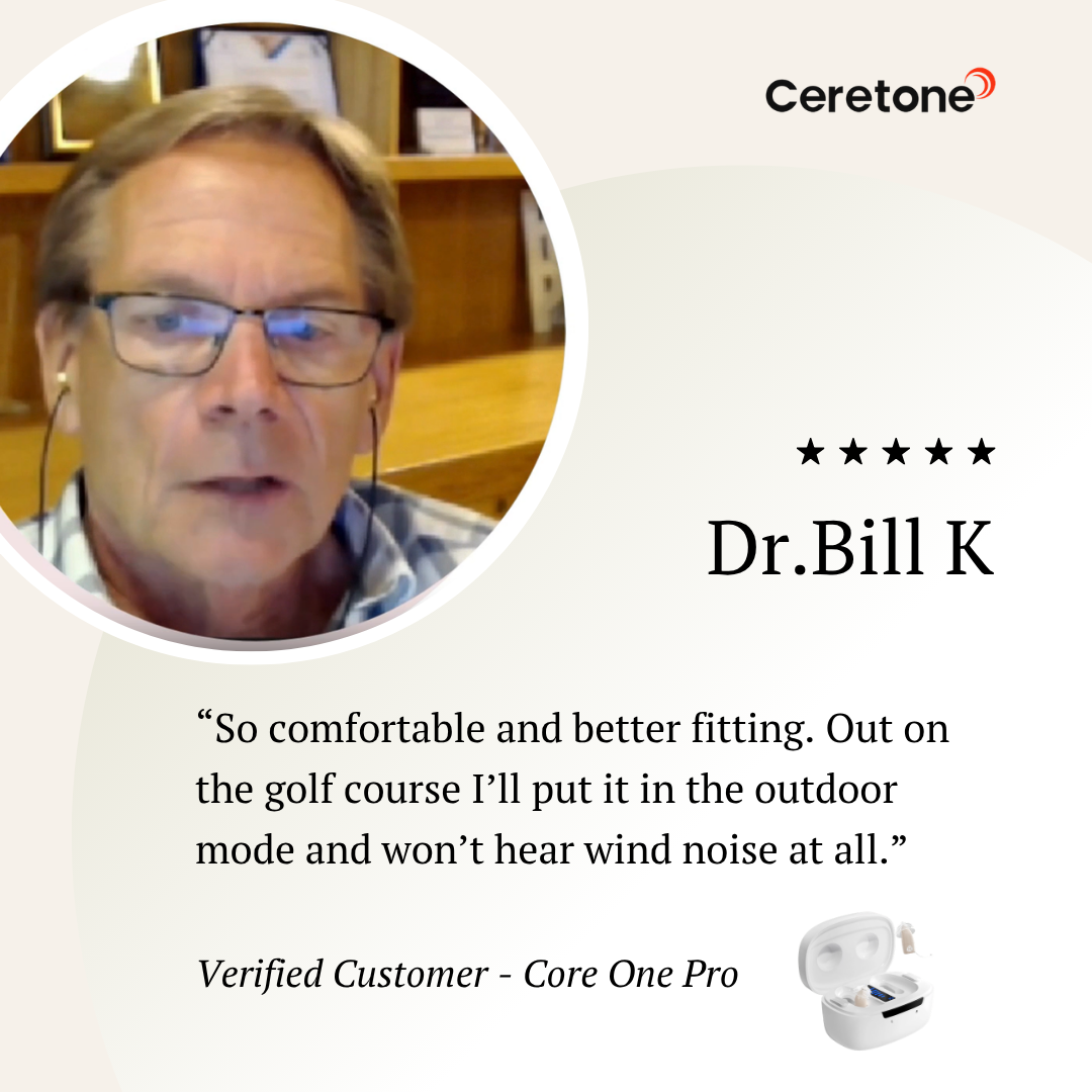 Person wearing glasses with a Ceretine hearing aid testimonial