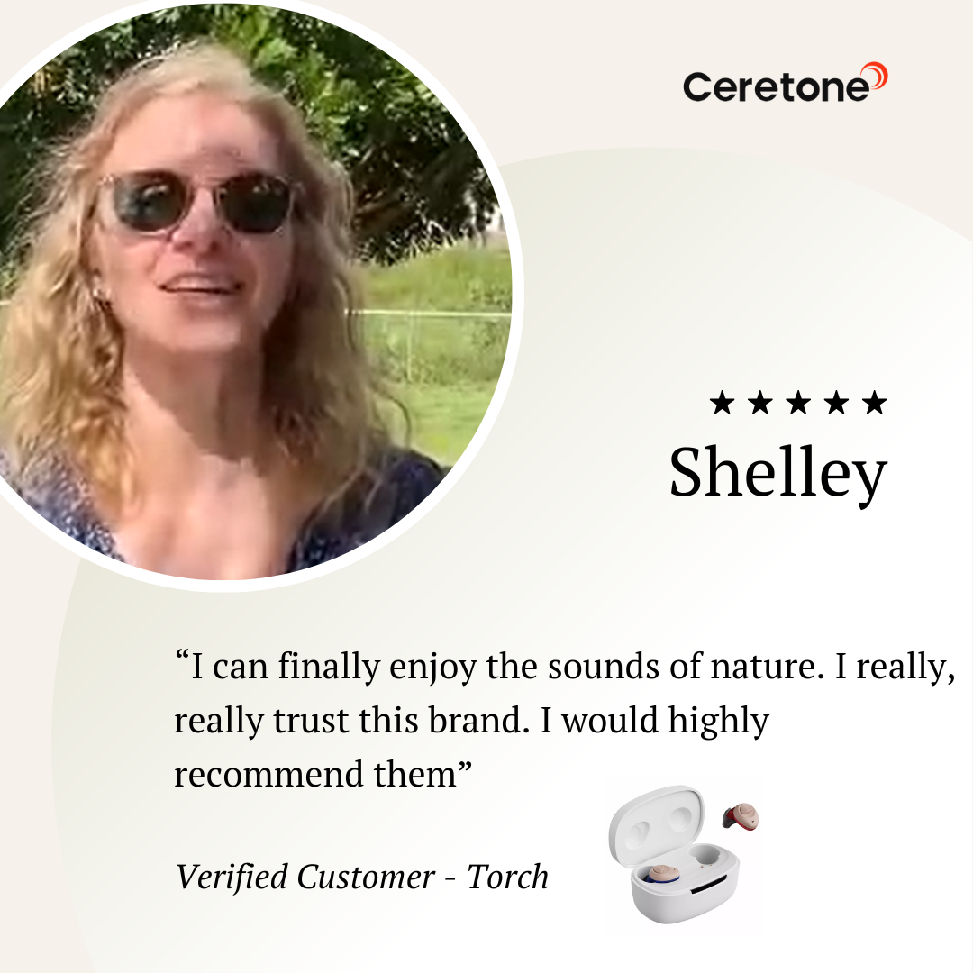 Verified customer review of a Ceretone hearing aid with a person wearing sunglasses
