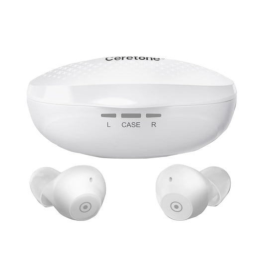 White wireless earbuds with charging case on a white background, featuring the brand 'Ceretone'.